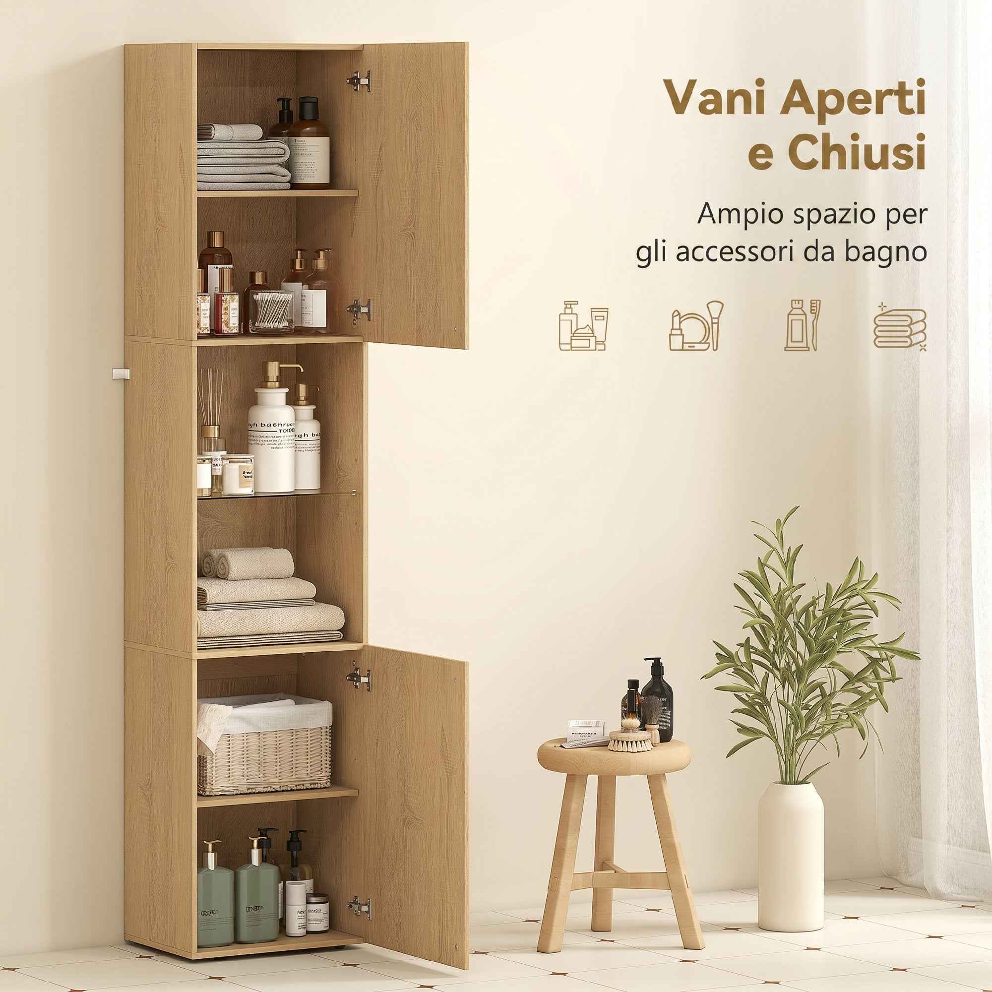 HOMCOM Slim Bathroom Cabinet with 6 Shelves, 2 Doors, Open Compartments, Tempered Glass Shelf, Adjustable Shelves, Oak