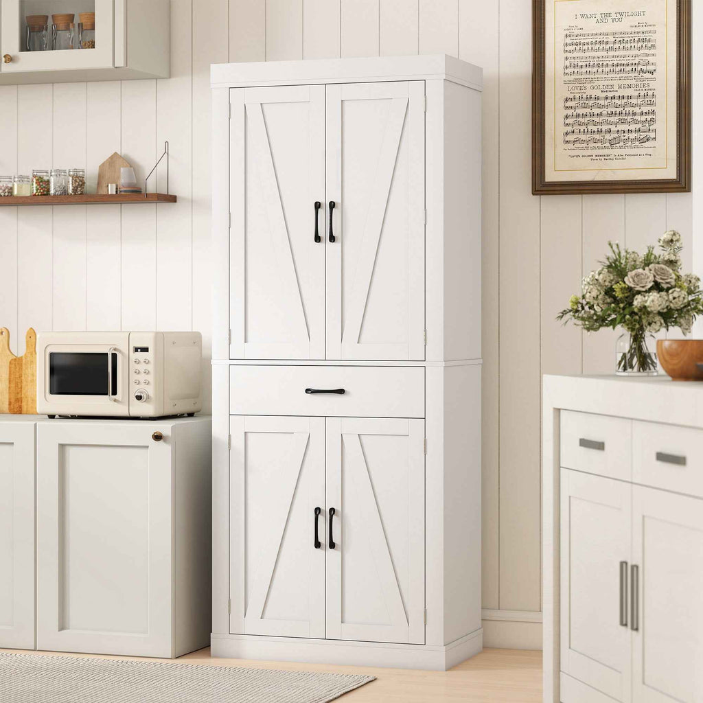 HOMCOM Country Style Kitchen Pantry with 2 Cabinets, 6 Shelves and Drawer, Wooden, 76x39.5x183.5 cm, White