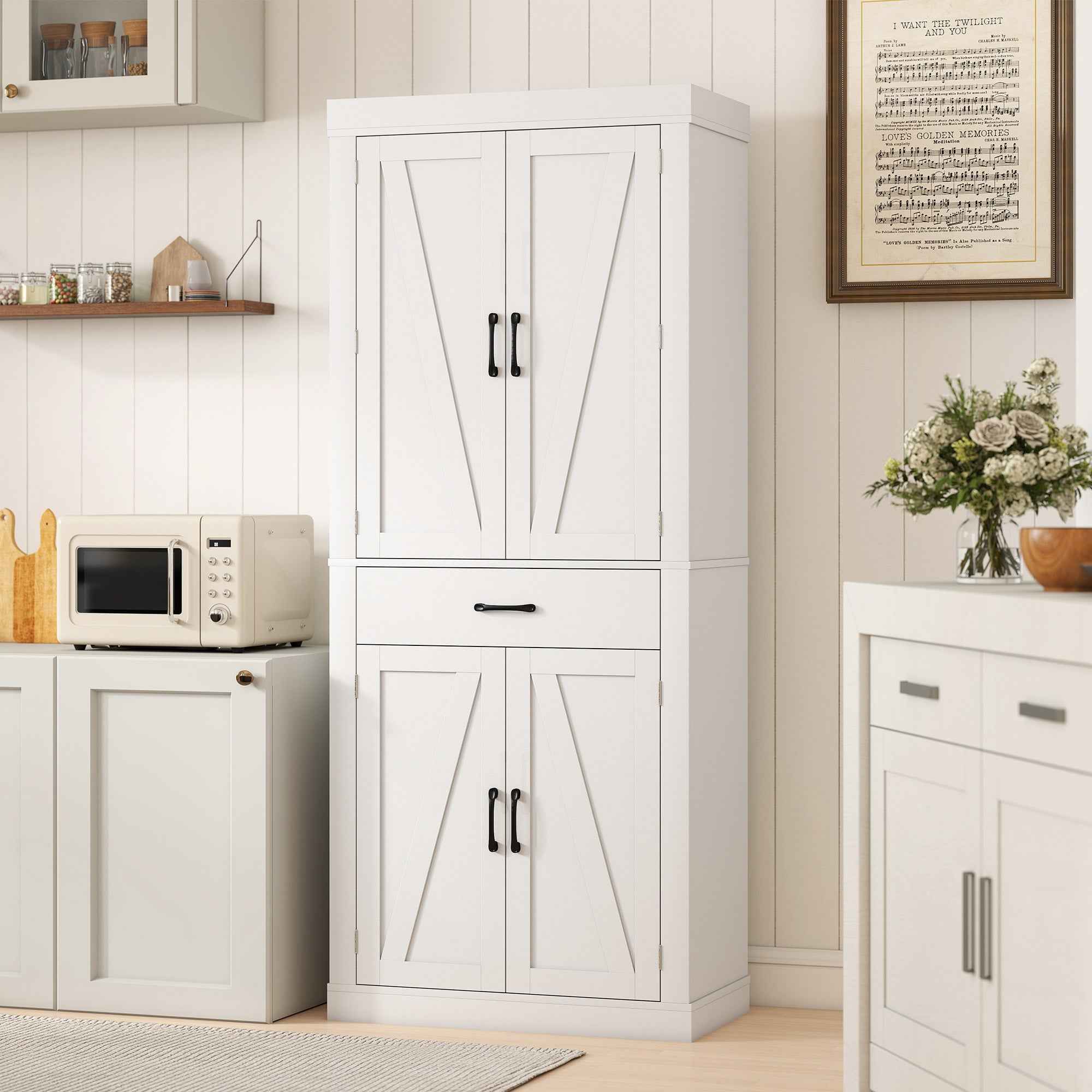 HOMCOM Country Style Kitchen Pantry with 2 Cabinets, 6 Shelves and Drawer, Wooden, 76x39.5x183.5 cm, White