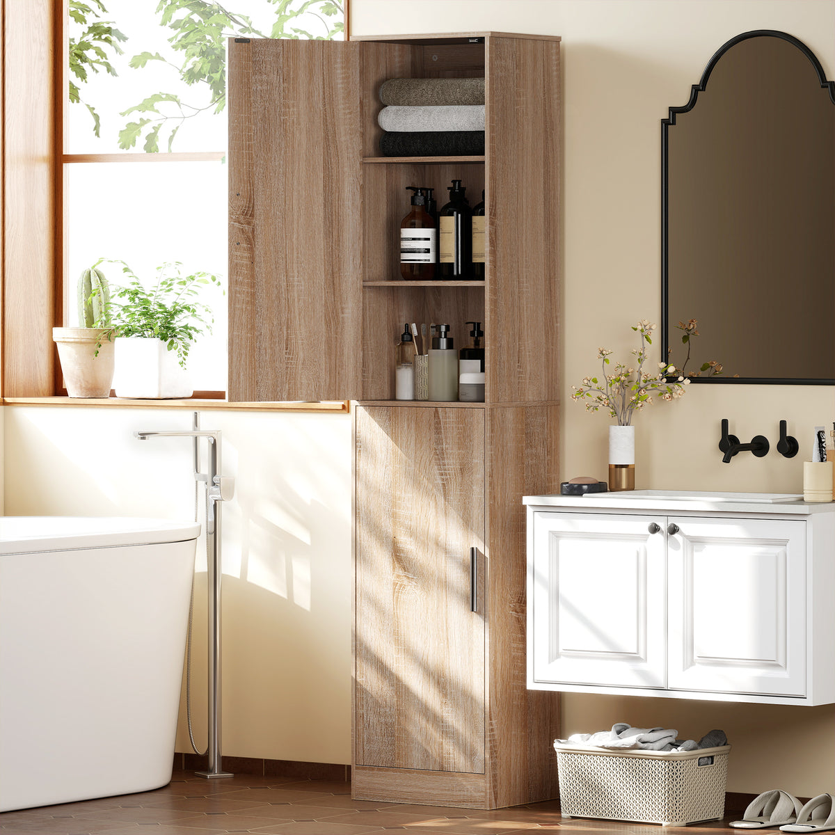 HOMCOM Bathroom Cabinet with 2 Cabinets and 6 Adjustable Shelves, Wooden, 40x35x180 cm, Wood Color