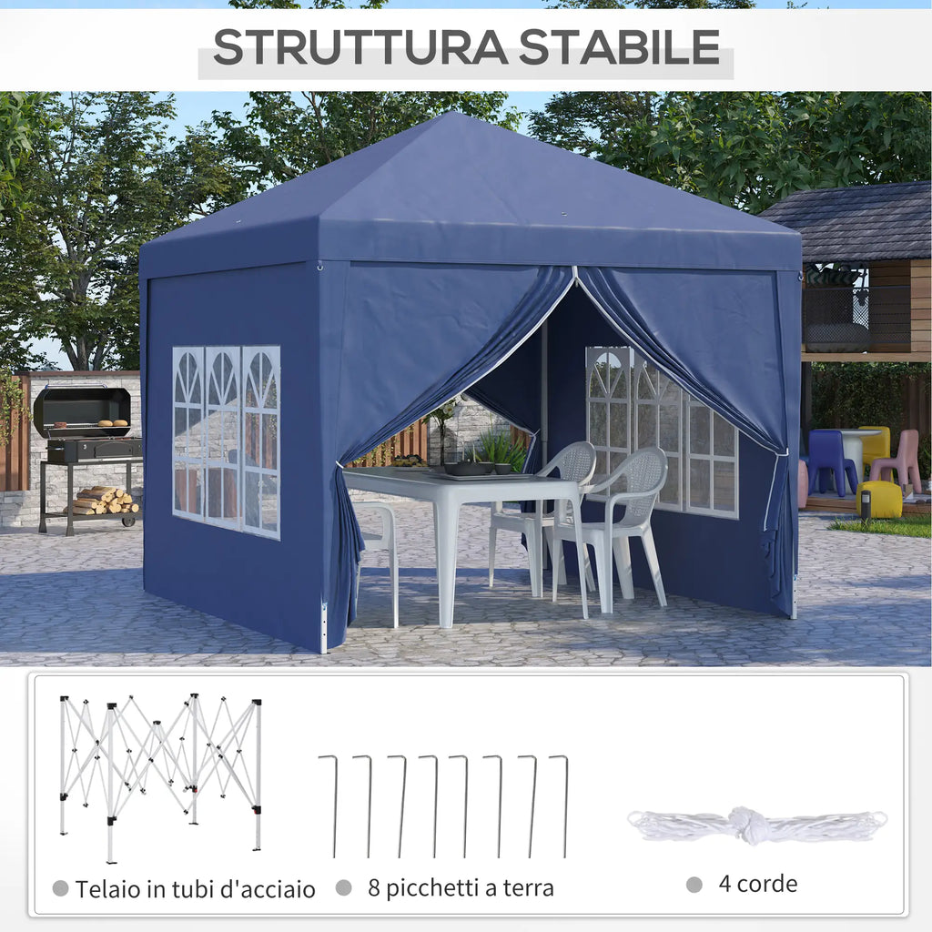 Foldable Garden Gazebo with Ropes and Pegs Included, 2.95x2.95x2.58 m, Blue - Borge' Group Limited
