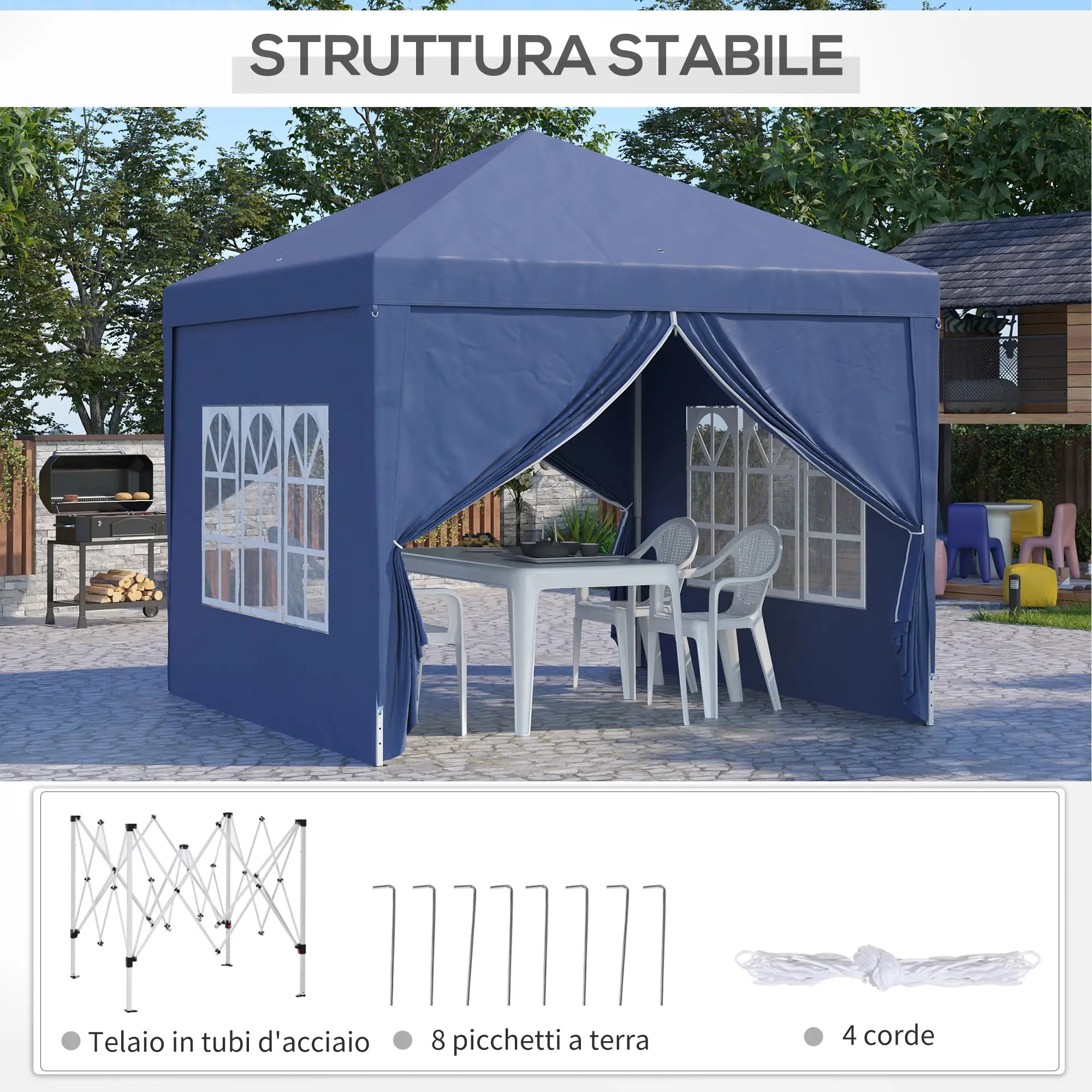 Foldable Garden Gazebo with Ropes and Pegs Included, 2.95x2.95x2.58 m, Blue - Borge' Group Limited