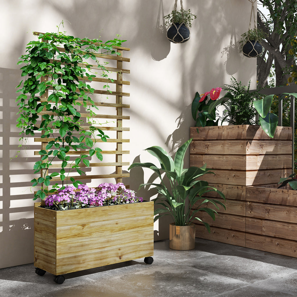 Outsunny Vertical Planter with 4 Wheels and Wooden Trellis for Climbing Plants, 76x30x155 cm, Wood Color