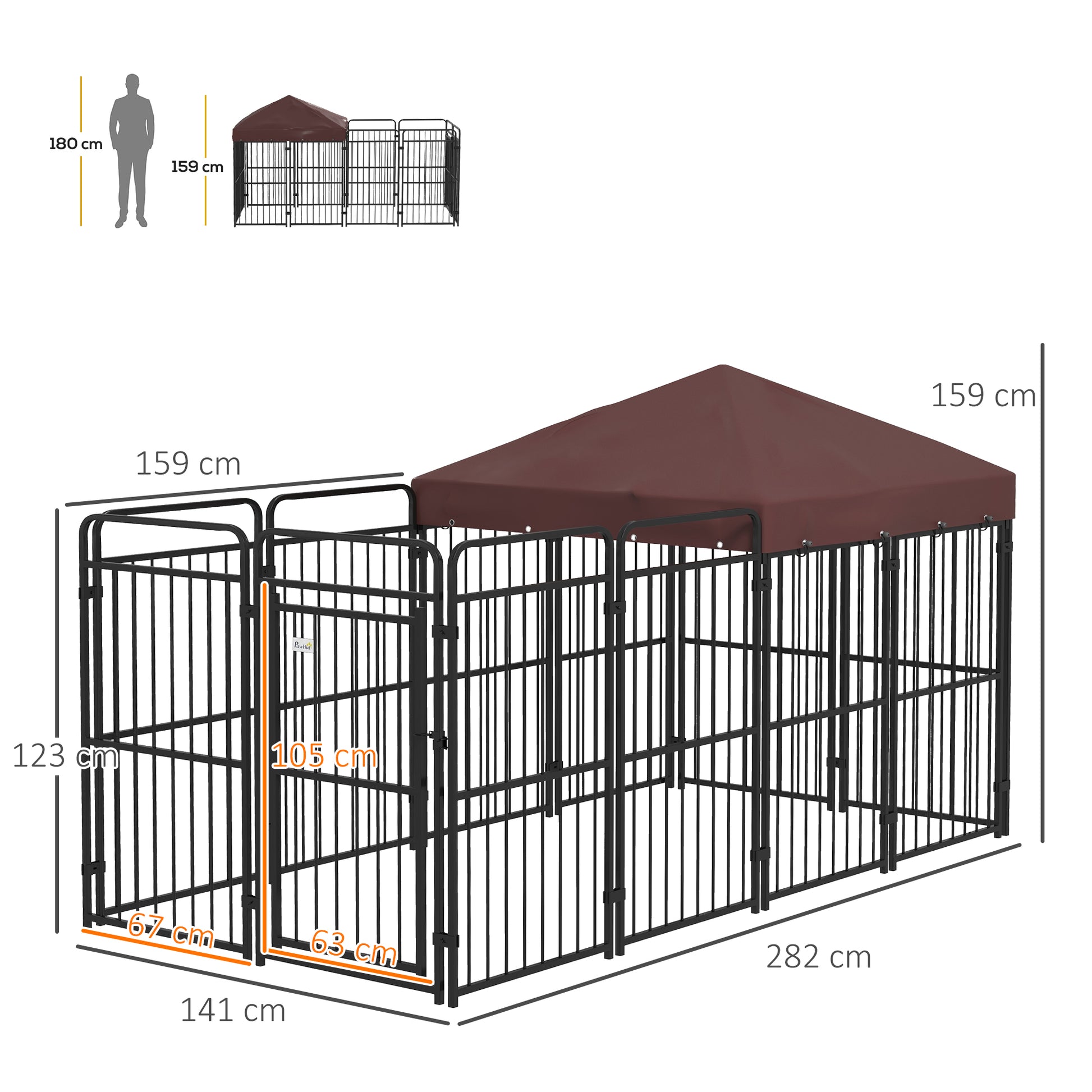 Pawhut Fence for Outdoor Dogs in Metal with Roof, 282x141x159cm, brown - Borgè