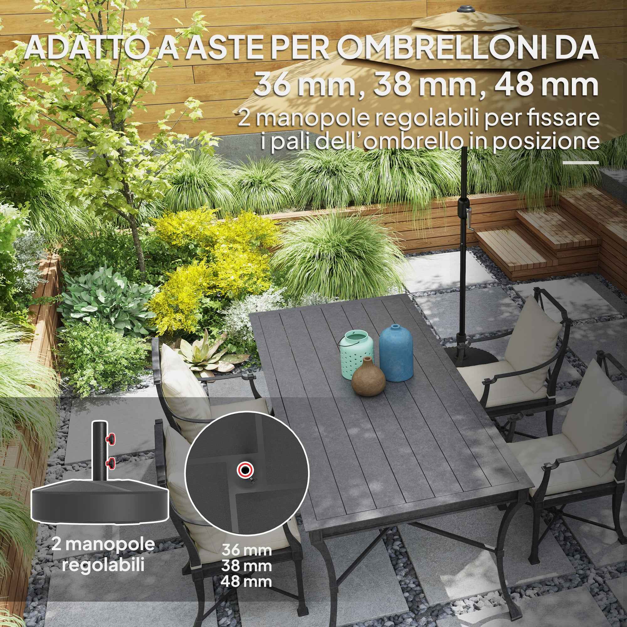 Outsunny Umbrella Base Fillable with Water 25kg/Sand 30kg, for Ø36/38/48mm Umbrella Poles, Black