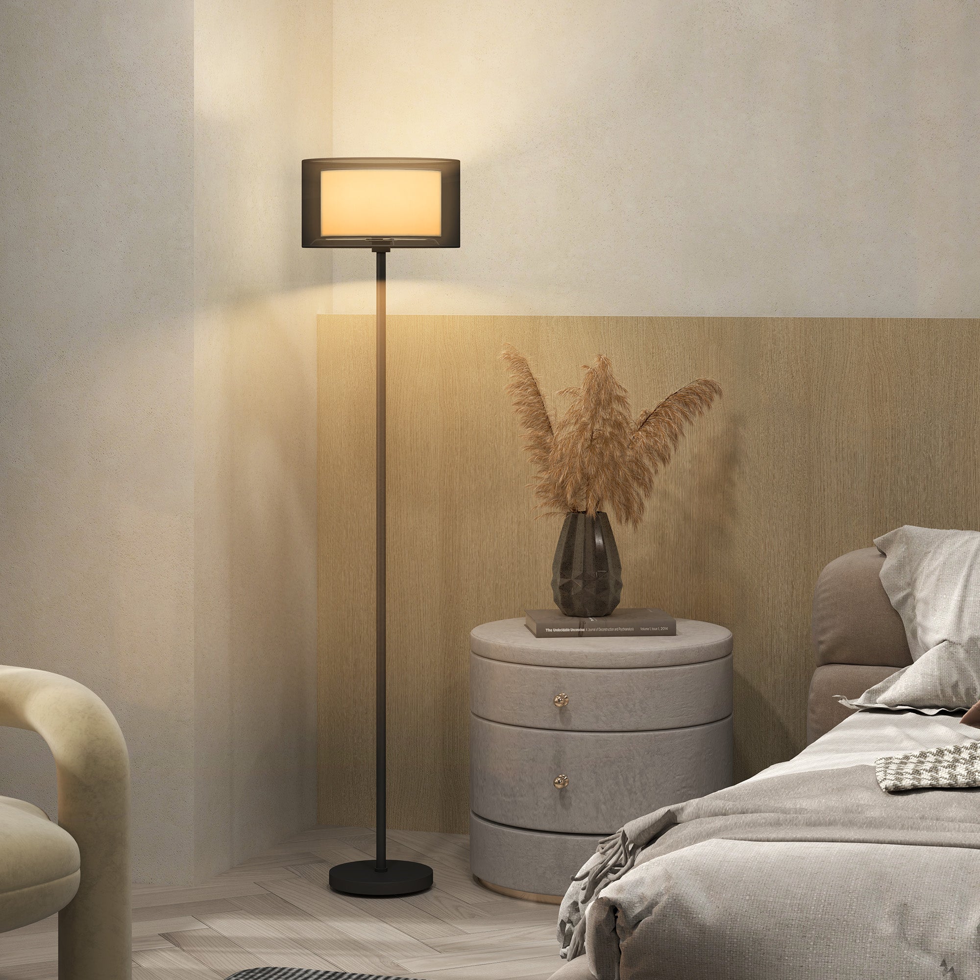 Modern Floor Lamp with Double Lampshade and Foot Switch, Ø33 x 152.5 cm, Black