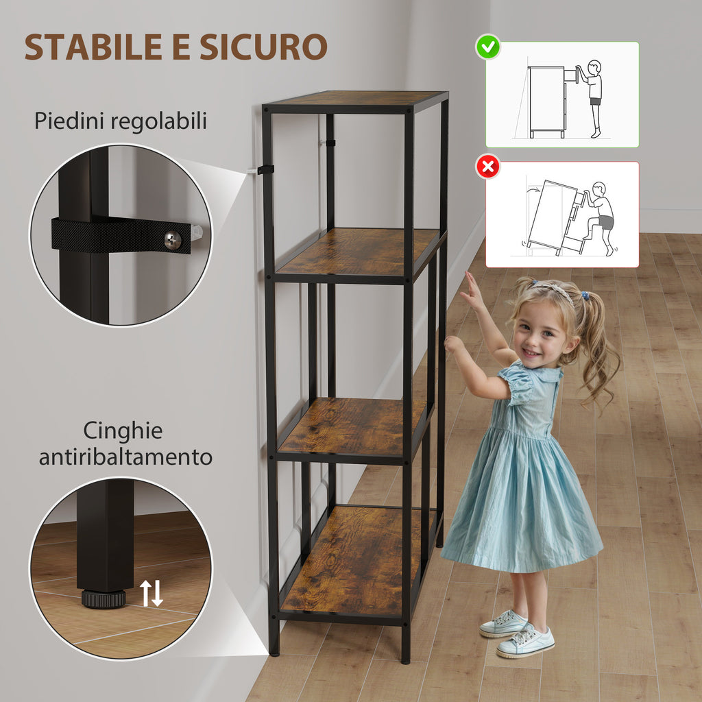 Industrial Style 4-Tier Bookcase in Wood and Metal, 77x30x116 cm, Rustic Brown