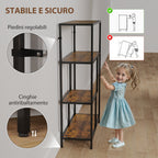 Industrial Style 4-Tier Bookcase in Wood and Metal, 77x30x116 cm, Rustic Brown