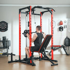 Fitness Station with Barbell Support and Pull-Up and Dip Bar, in Steel, 191x153x205 cm, Red and Black