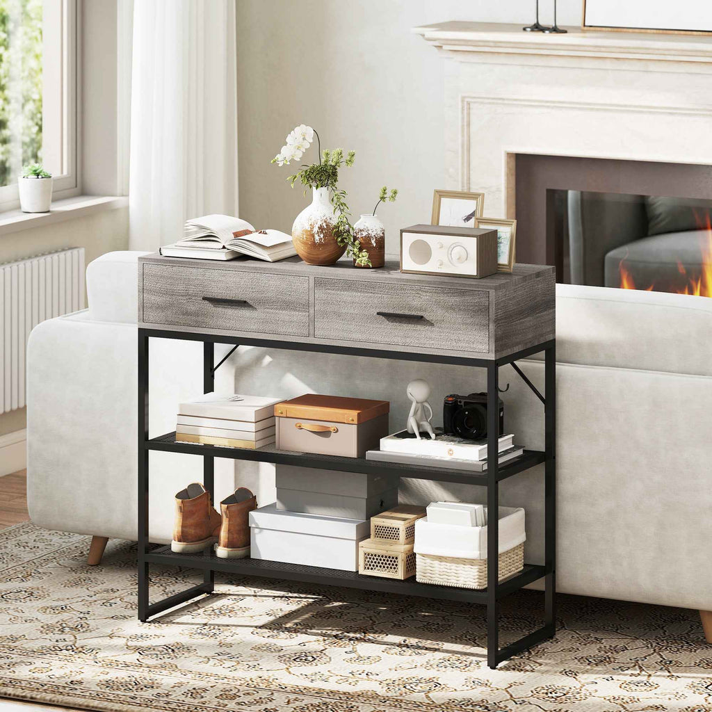 HOMCOM Entrance Console Table with 2 Drawers, 2 Shelves and Side Hook, in Wood and Metal, 100x35x92 cm, Black and Wood