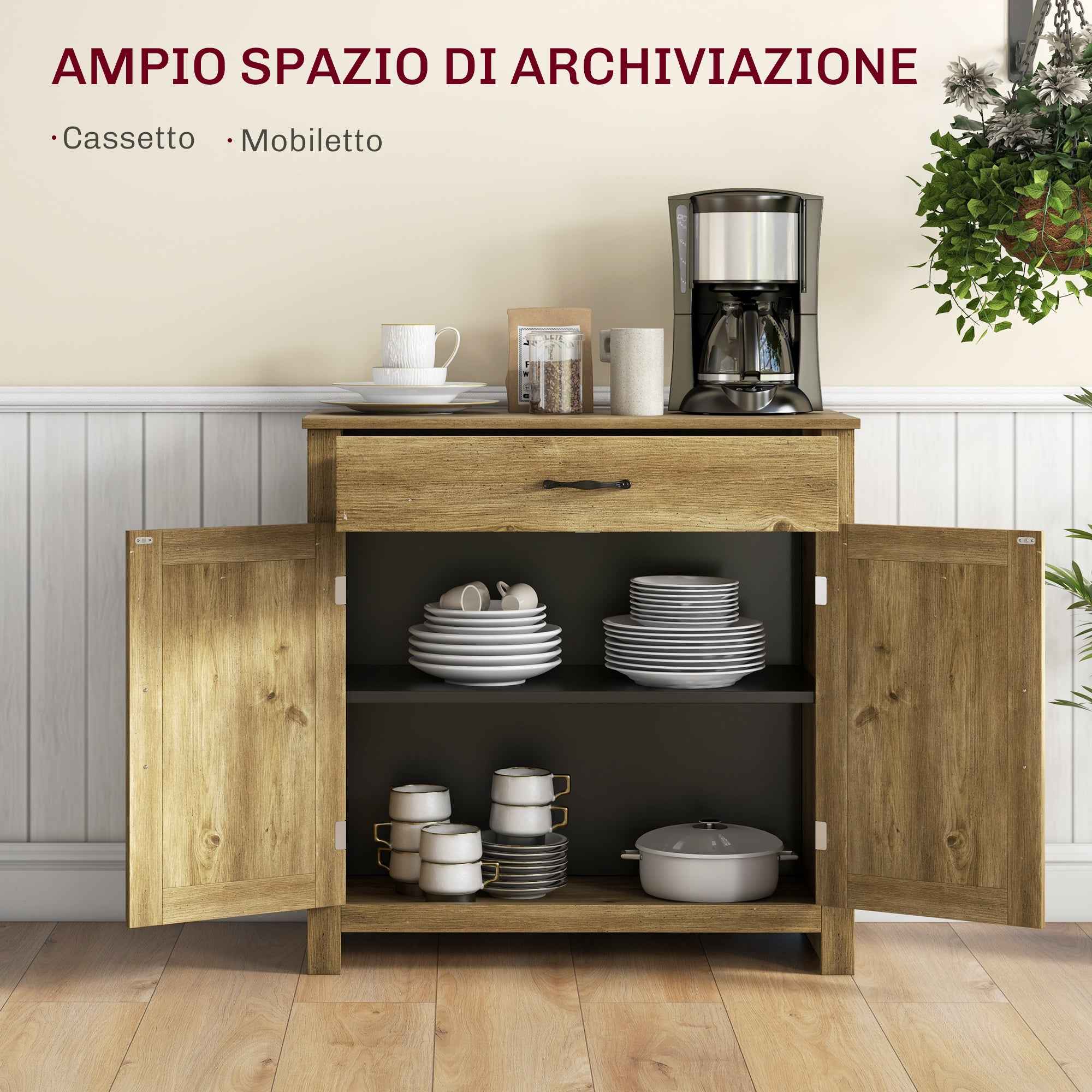 Country Kitchen Sideboard with 2-Door Cabinet and Drawer, 80x39.7x80cm, Wood Color