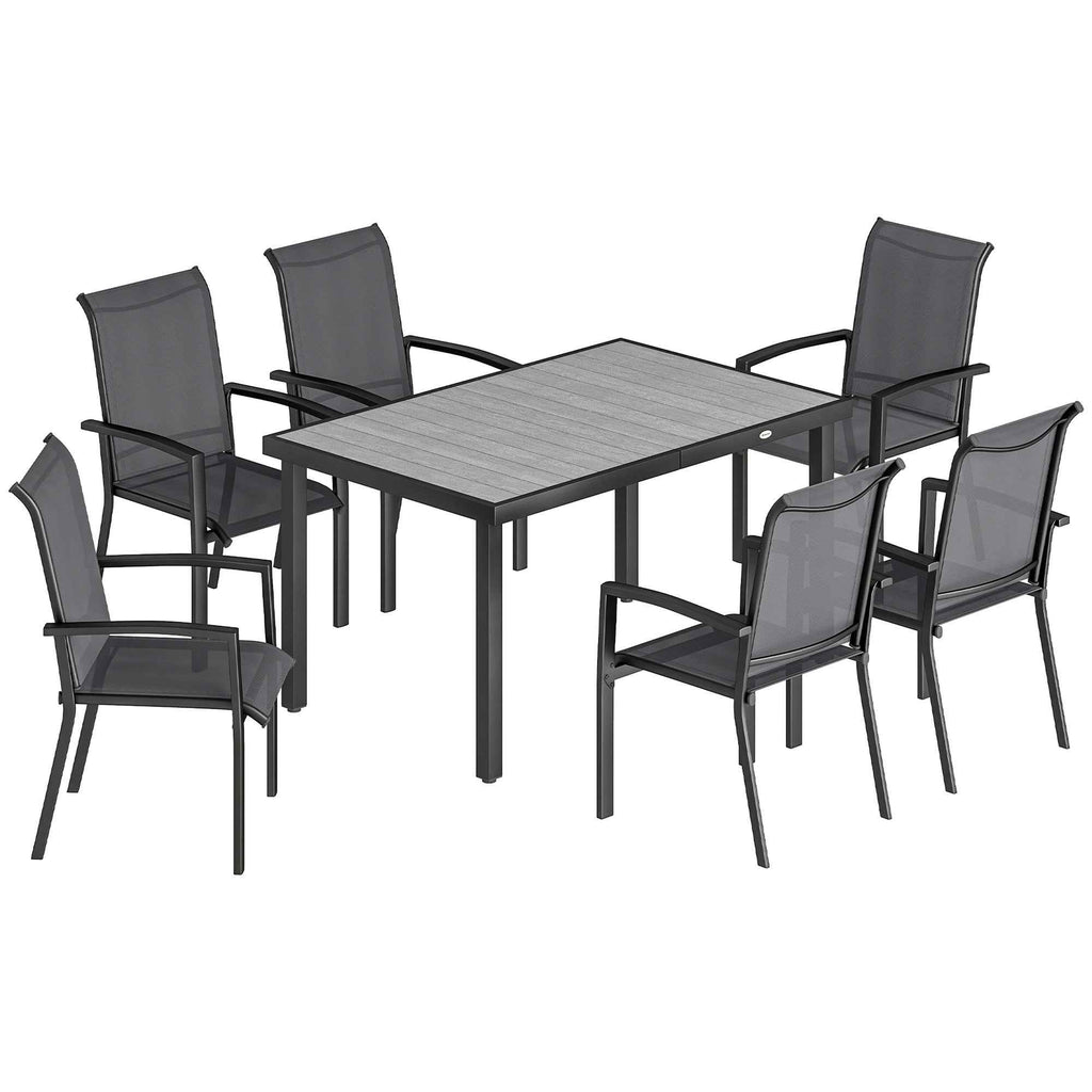 Outsunny 7-Piece Outdoor Set with 2-Section Garden Table and 6 Stackable Texteline Chairs, Grey