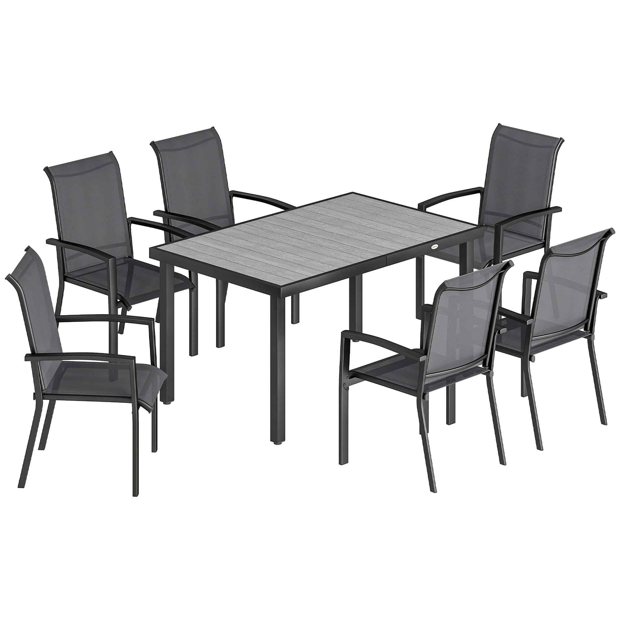 Outsunny 7-Piece Outdoor Set with 2-Section Garden Table and 6 Stackable Texteline Chairs, Grey