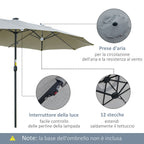 Outsunny 4.5m Double Garden Umbrella with 48 LED Lights and Crank Handle, Light Grey