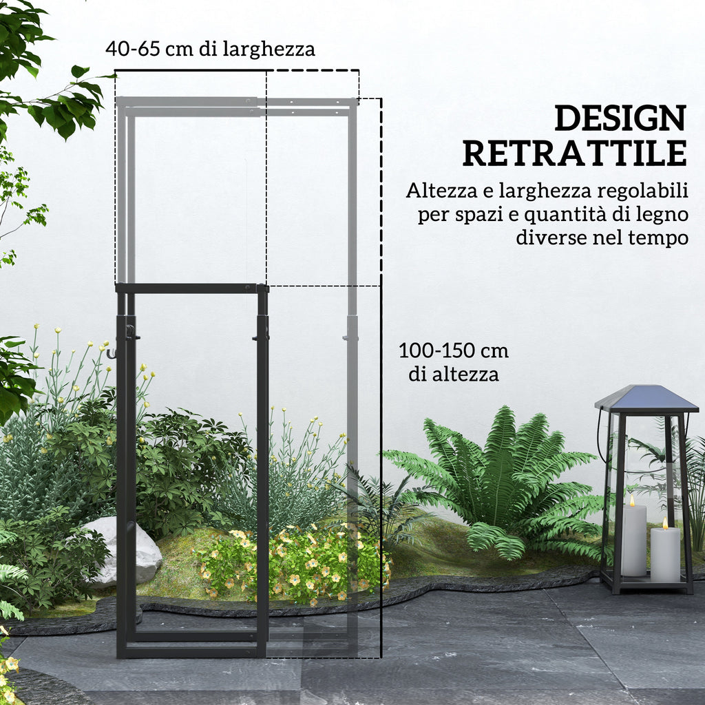 Adjustable Indoor Outdoor Metal Log Holder with S Hooks, 40-65x25x100-150cm, Black