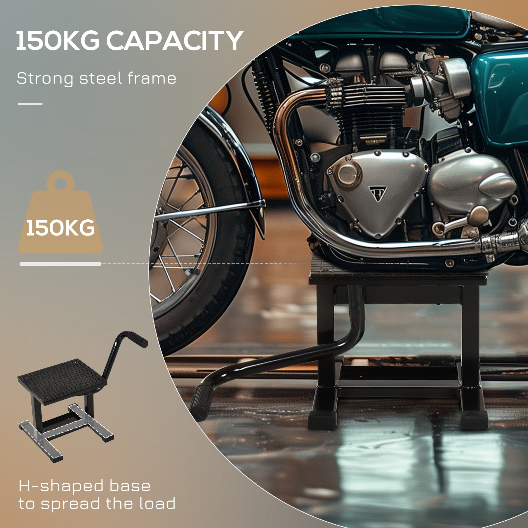 DURHAND Steel Motorbike Stand max 150kg with Rubber Surface and Crank, 48x34x43 cm, Black - Borgè