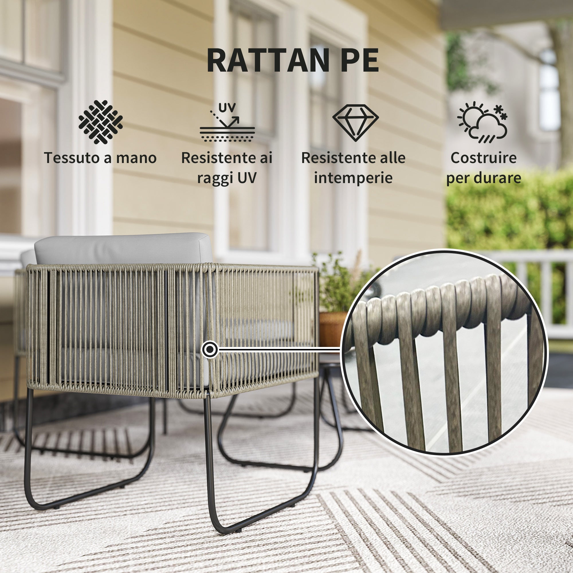 Rattan Garden Set with 2 Seater Sofa, 2 Armchairs and Glass Table, Removable Cushions, Grey
