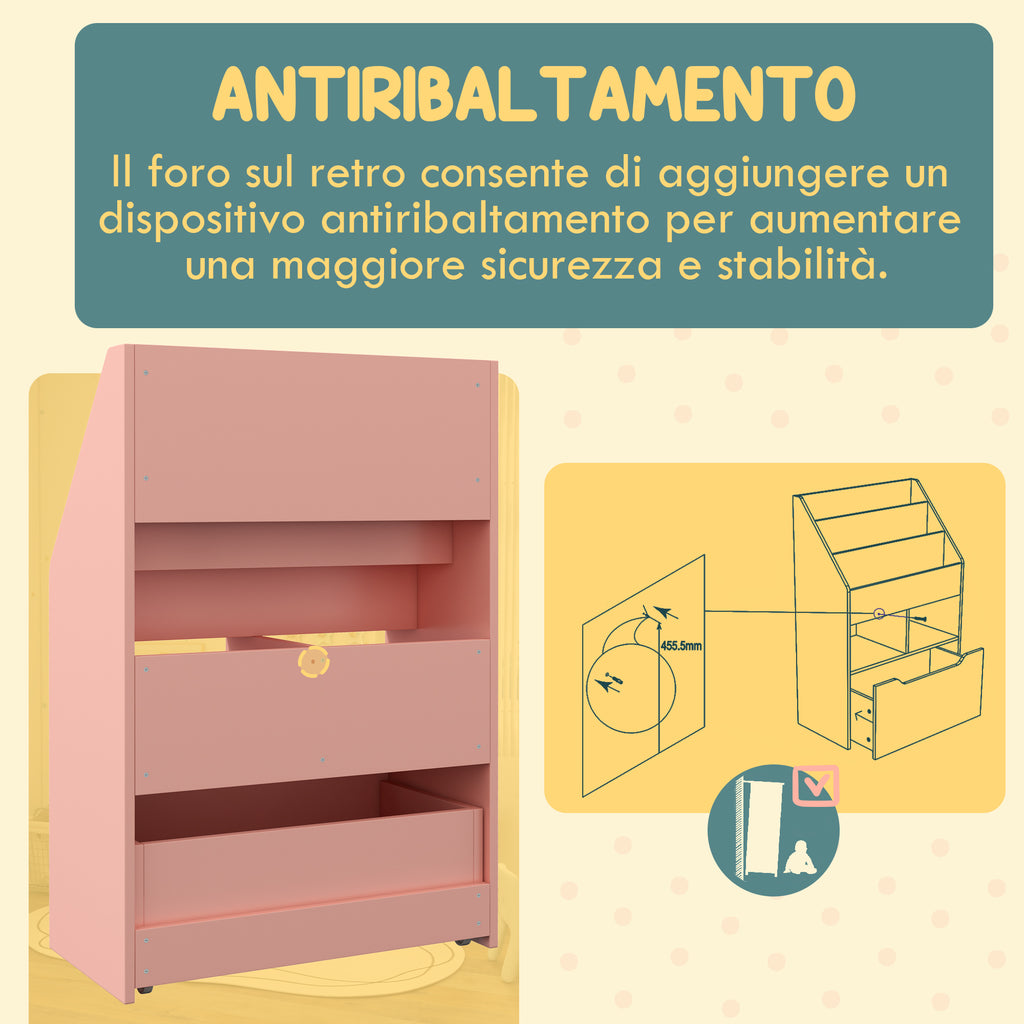 Small Children's Bookcase with MDF Shelves and Drawer, 60x29.9x90cm, Pink