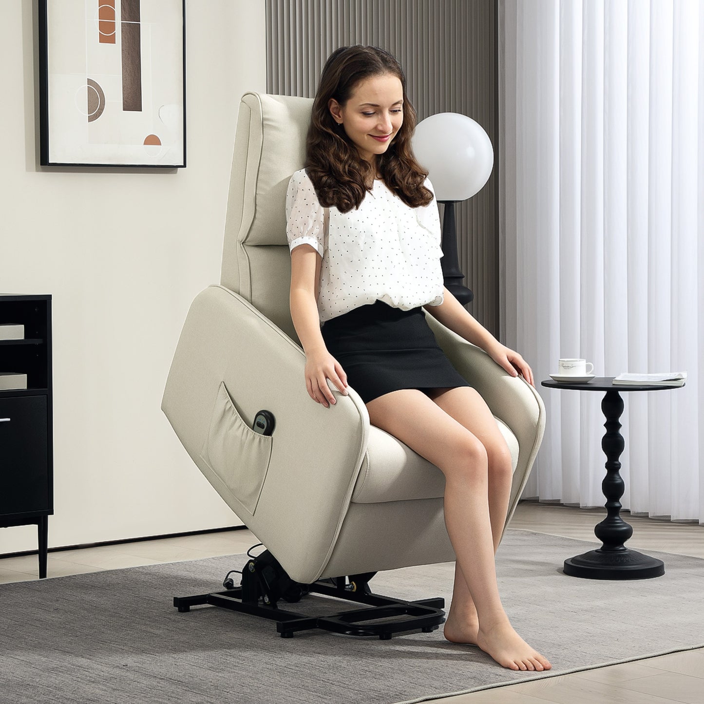 Electric Recliner Lift Chair with Remote Control and Fabric Pocket, Beige