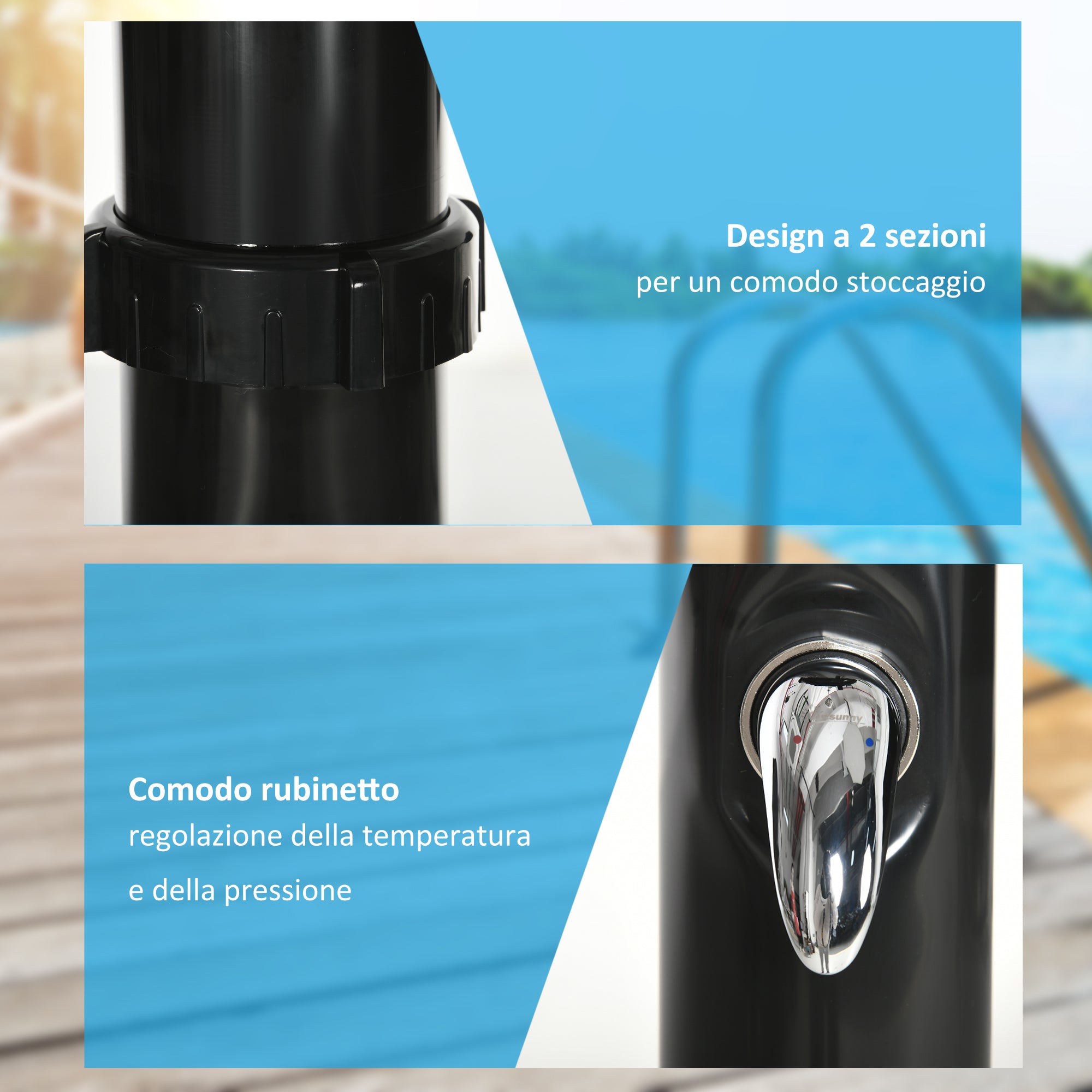 20L Solar Shower with Bottom Tap and Adjustable Temperature, Zinc Alloy, 15.5x15. 5x222 cm, Black