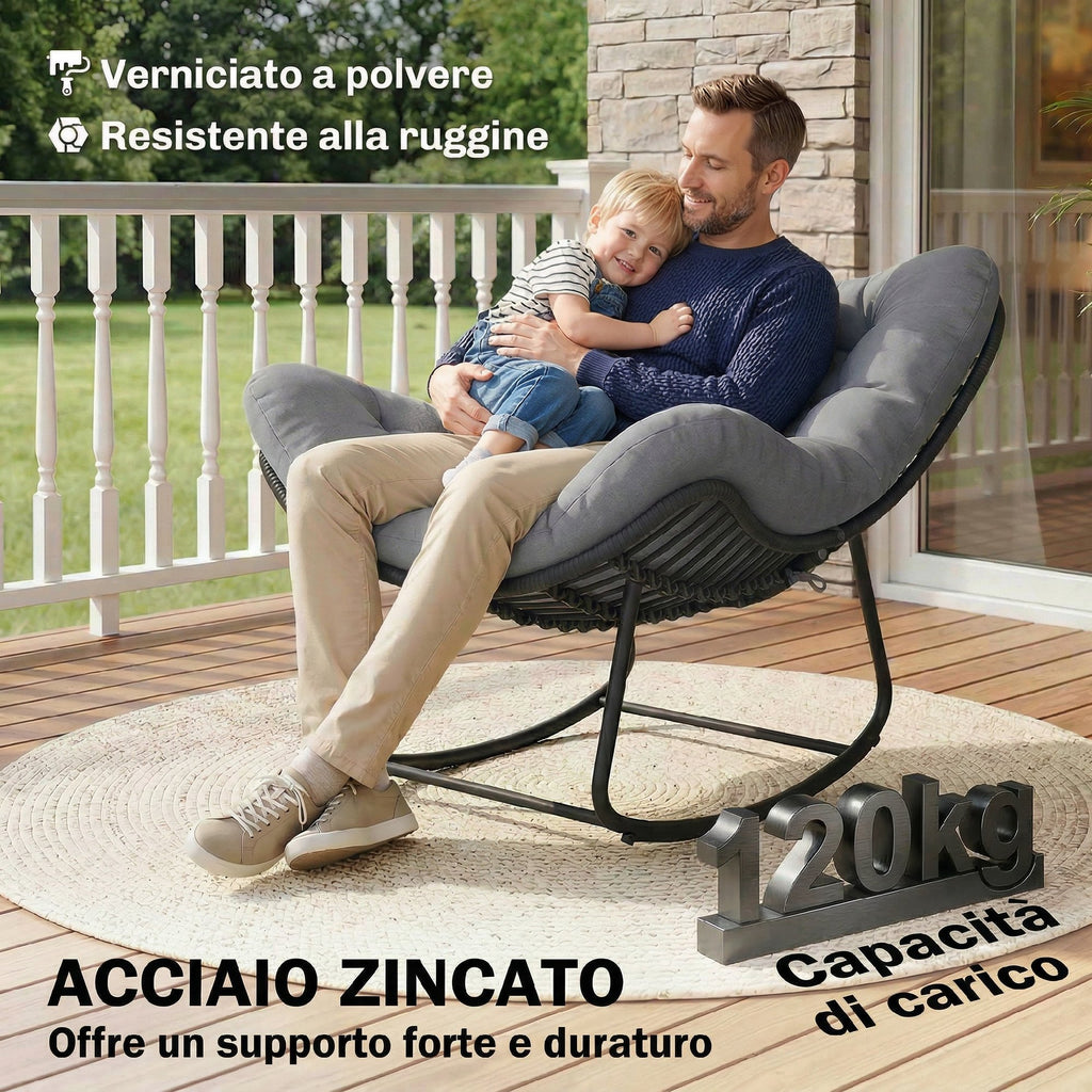 Outsunny Rattan Rocking Chair with Soft Cushion for Garden, Balcony, Dark Grey