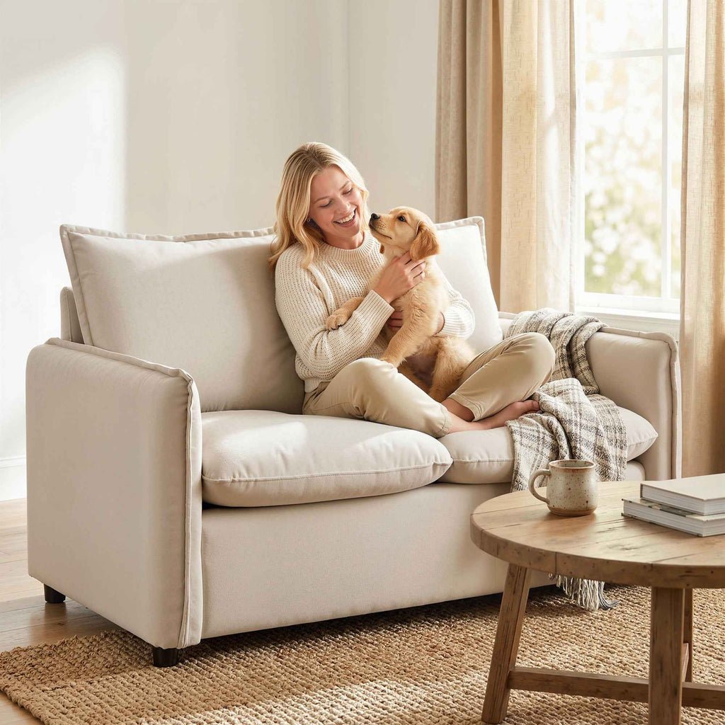 2-Seater Sofa with Breathable Leather Effect Fabric, Thick Padding, 2 Cushions, Armrests, for Living Room, Cream