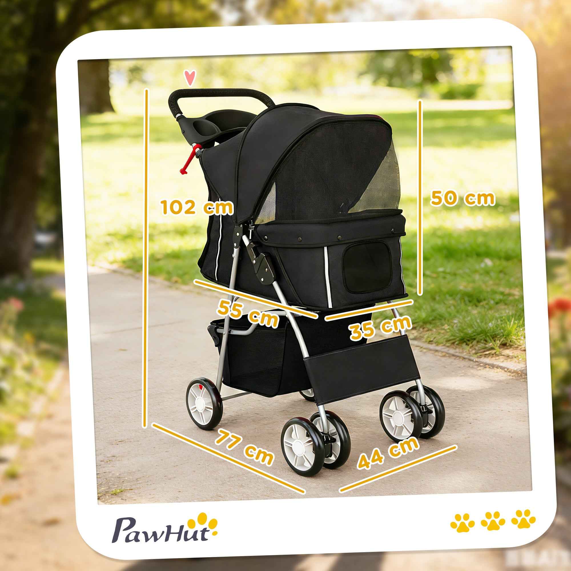 PawHut Folding Dog Stroller with Basket and Cup Holder, Max. Weight 10 kg, 77 x 44 x 102 cm, Black