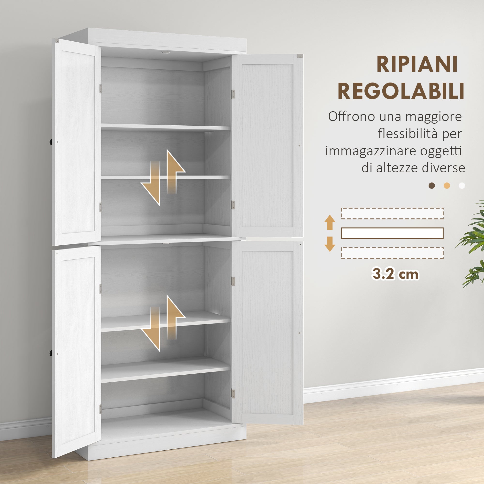 Tall Kitchen Cabinet with 6 Adjustable Shelves and 2 Wooden Doors, 76x40.5x184 cm, White