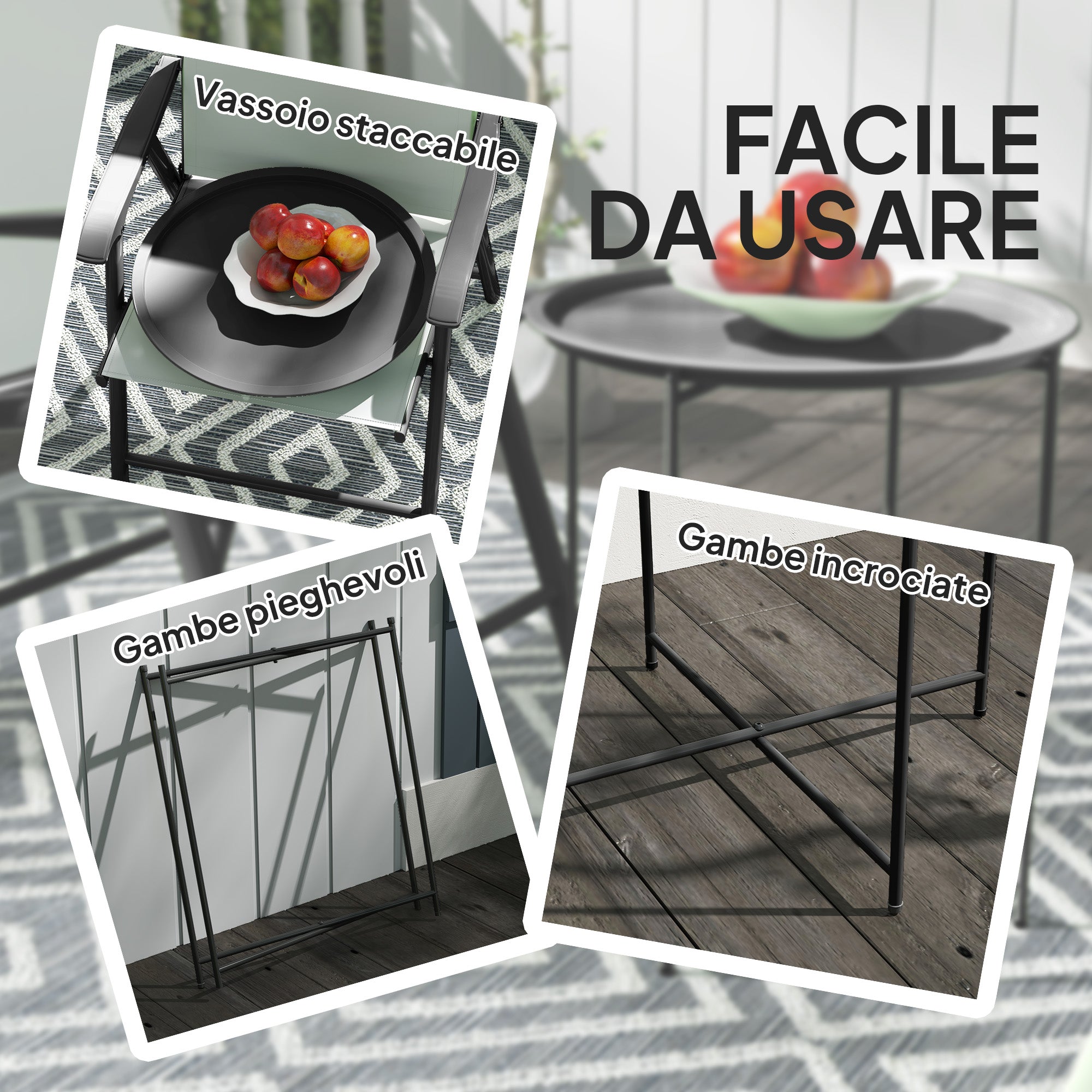 Garden Coffee Table with Removable Tray and Folding Steel Legs, Ø46x50 cm, Black