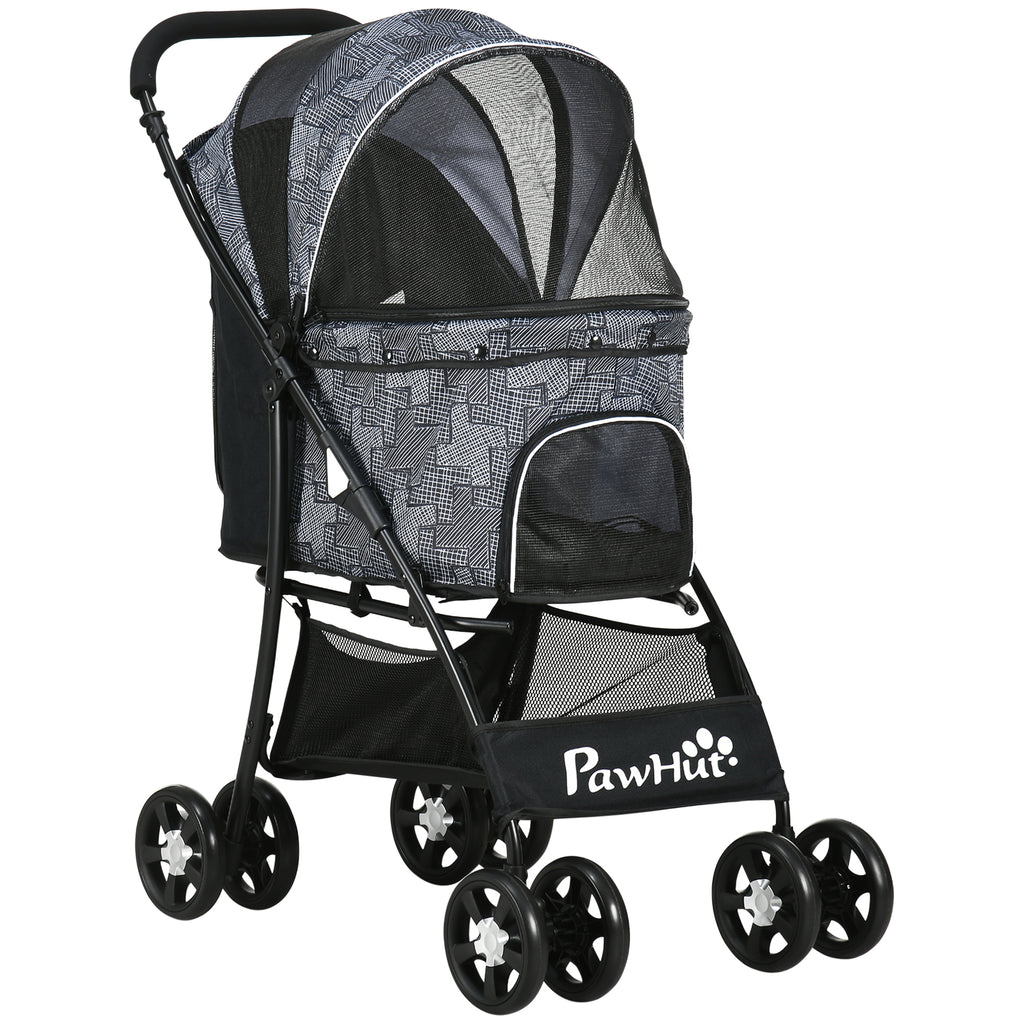 Dog Stroller with Basket, Cushion and 2 Leashes, Steel and Oxford Fabric, 81x48x99 cm, Black and Grey