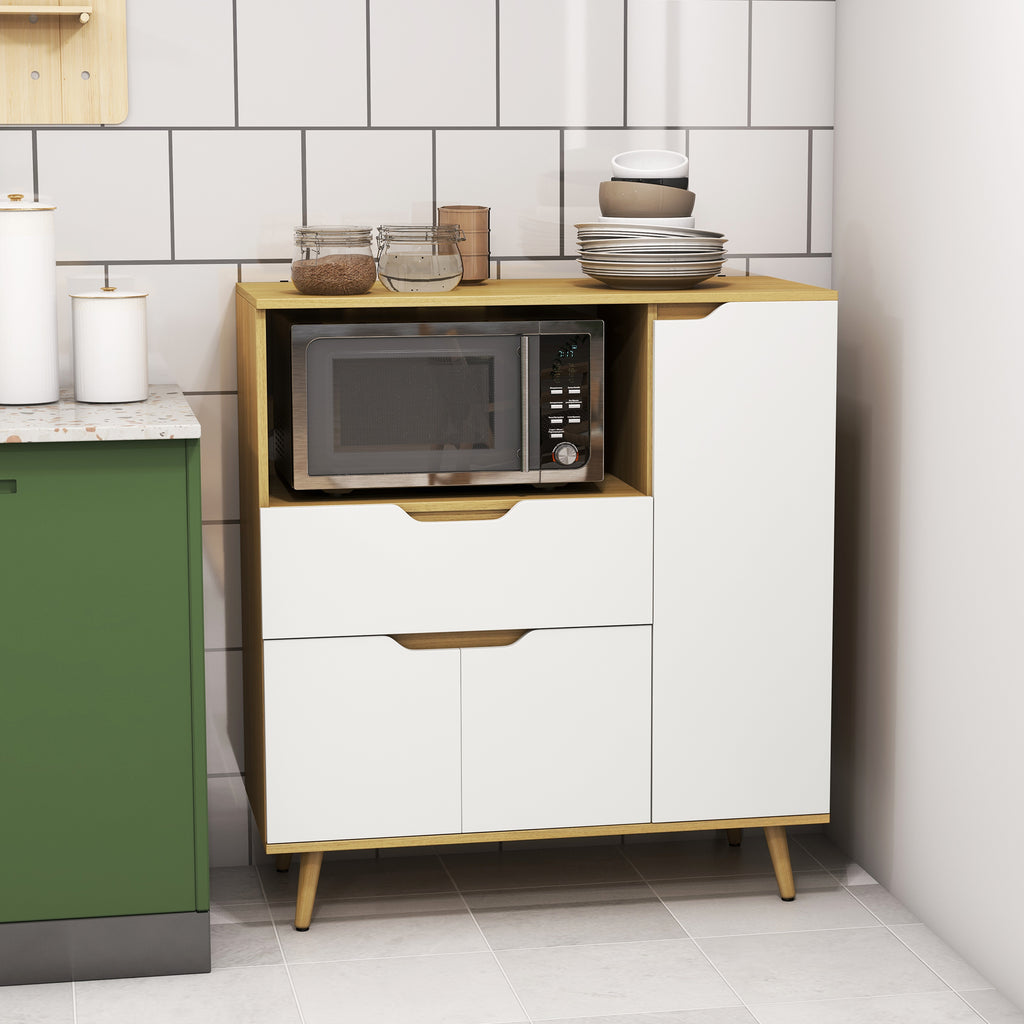 Microwave Cabinet with Open Shelf, Cabinets and Drawer, 90x40x98.5cm White and Wood