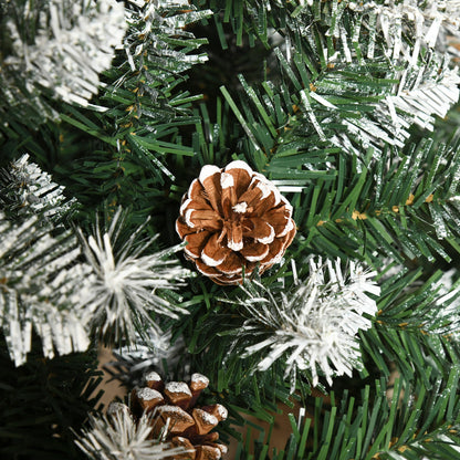 Snowy Christmas Tree 180cm with 630 Branches and 37 Pine Cones, in Plastic and Metal, Green and White