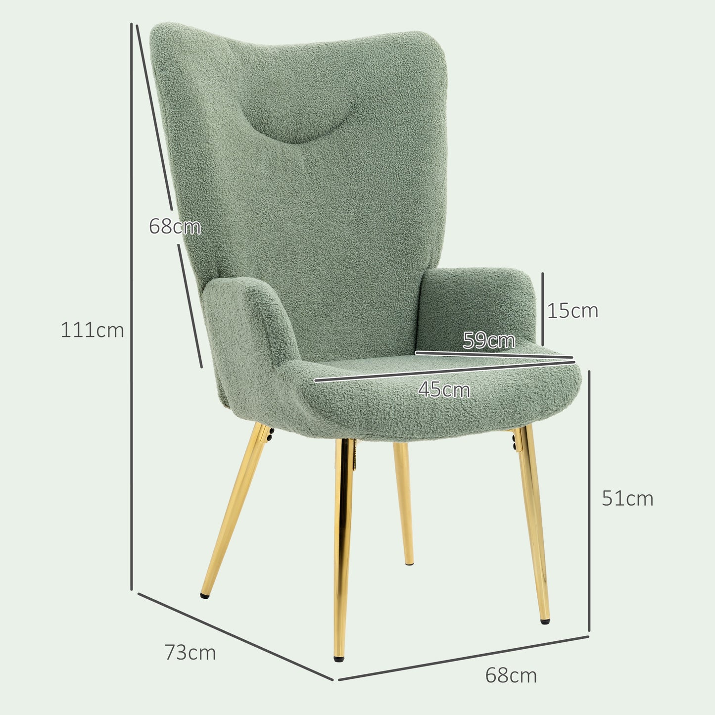 High Back Living Room Chair in Steel and Sherpa Effect Fabric, 73x68x111 cm, Green and Gold