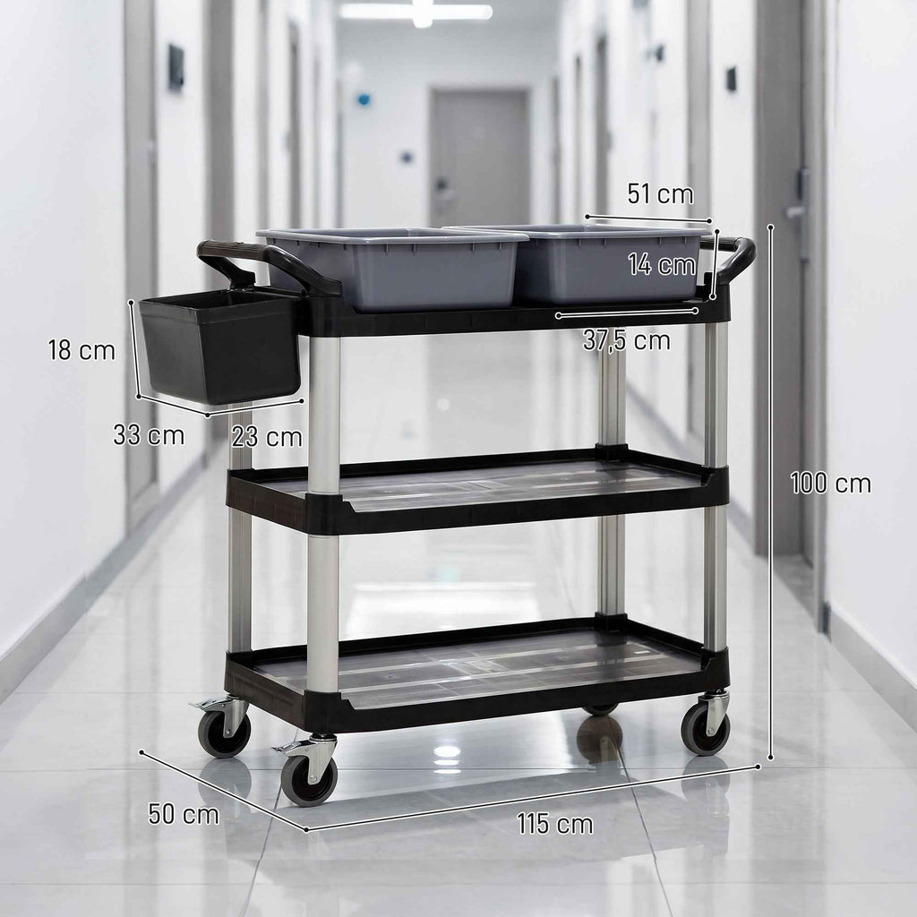 HOMCOM Professional 3-Tier Cleaning Cart with 2 Removable Bins, Side Bin and 4 Wheels, Black