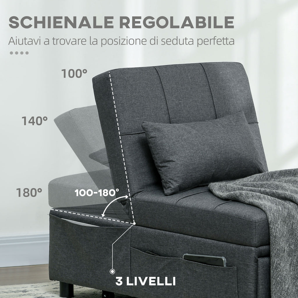 HOMCOM Single Armchair Bed 3 in 1 Reclining at 3 Levels with Cushion, in Linen Effect Fabric, 65.5x104x81 cm, Gray - Borgè
