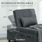 HOMCOM Single Armchair Bed 3 in 1 Reclining at 3 Levels with Cushion, in Linen Effect Fabric, 65.5x104x81 cm, Gray - Borgè