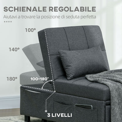 HOMCOM Single Armchair Bed 3 in 1 Reclining at 3 Levels with Cushion, in Linen Effect Fabric, 65.5x104x81 cm, Gray