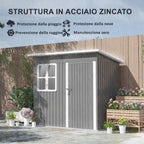 Steel Garden Shed with Locking Door, Window and Air Vents, 2.2 x 1.3 m, Gray