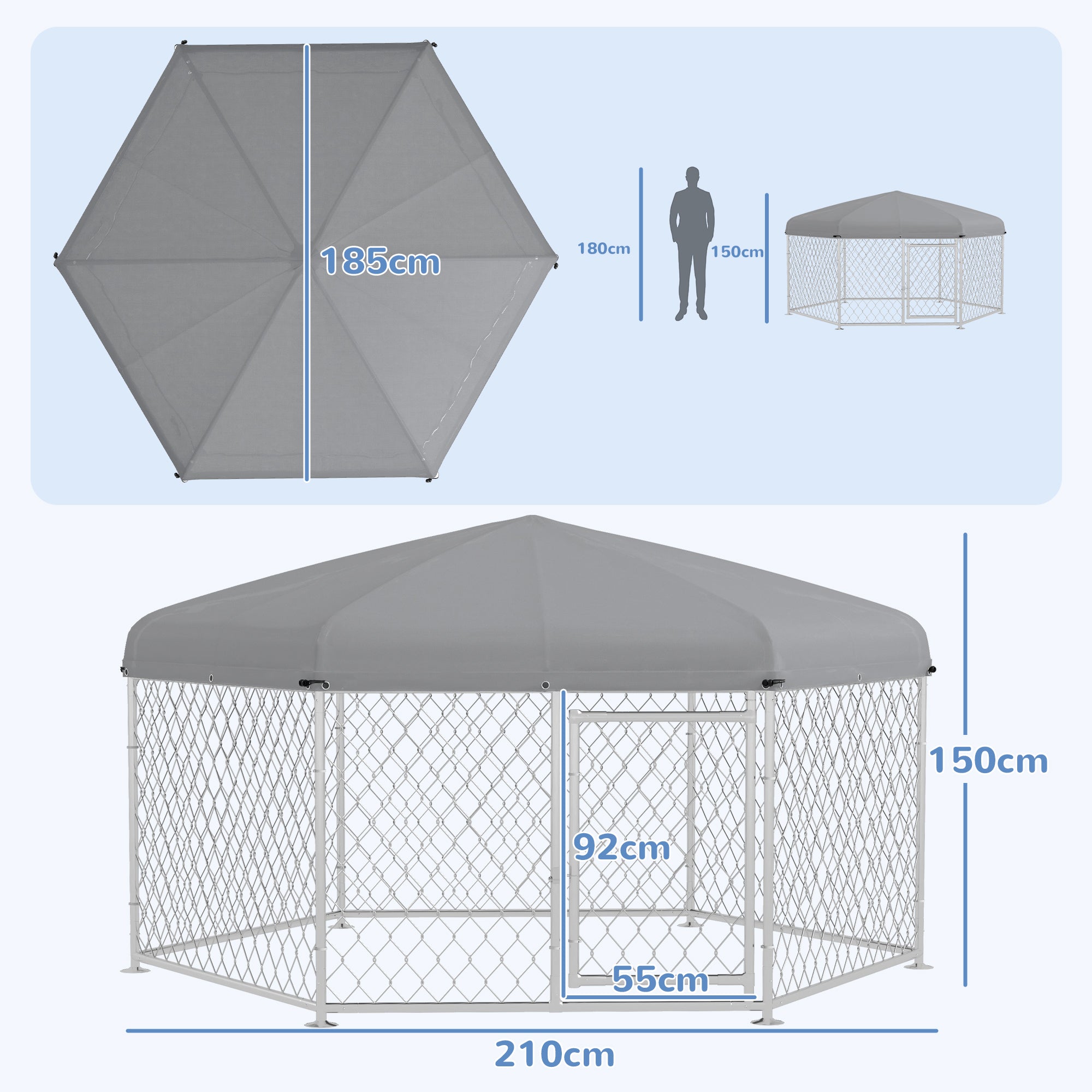 PawHut Large Dog Run with UV-Proof Oxford Fabric Roof, 2.1x1.85x1.5m, Silver and Gray - Borgè
