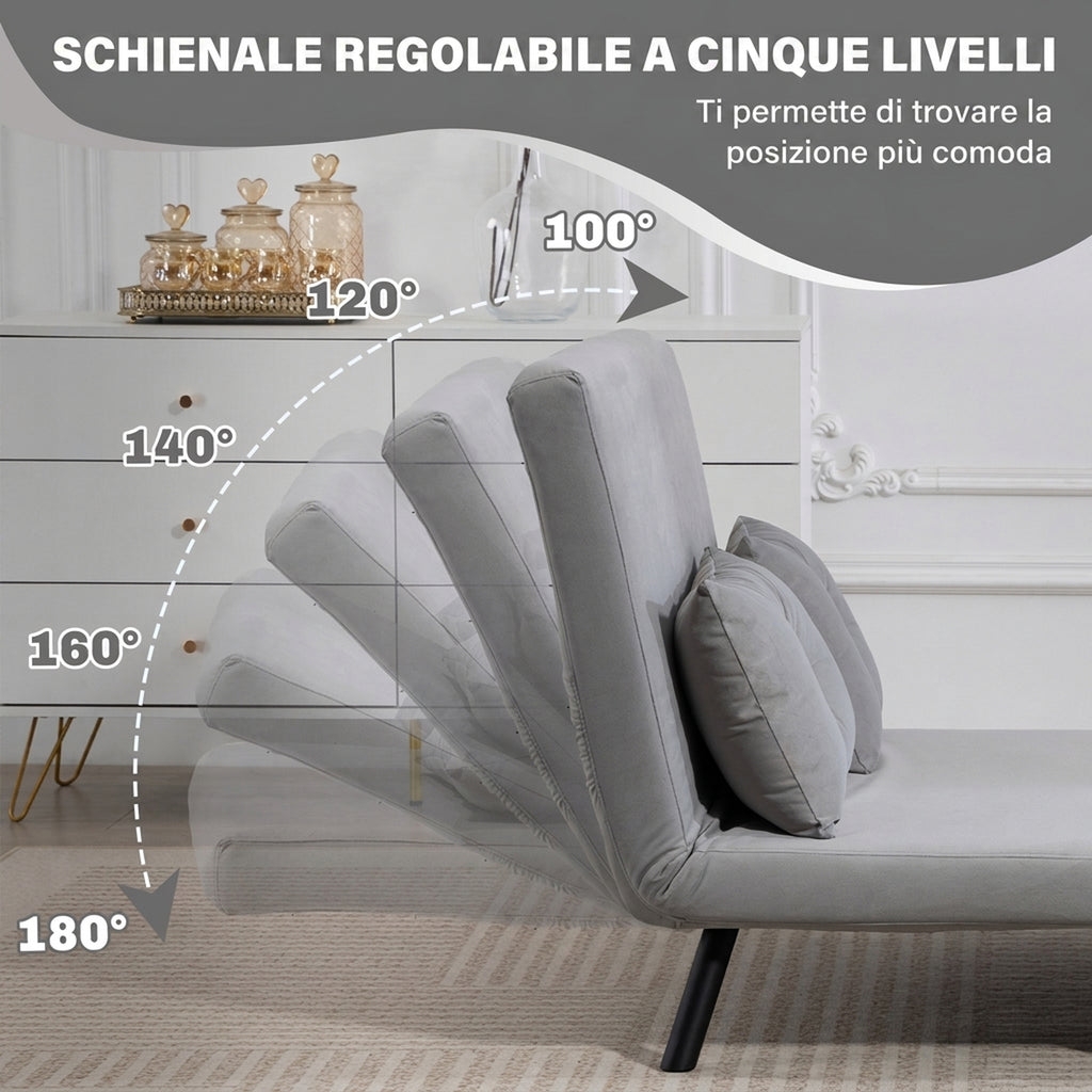 HOMCOM 3-in-1 Velvet Fabric Sofa Bed with Adjustable Backrest and 2 Cushions, 102x73x81 cm, Light Grey
