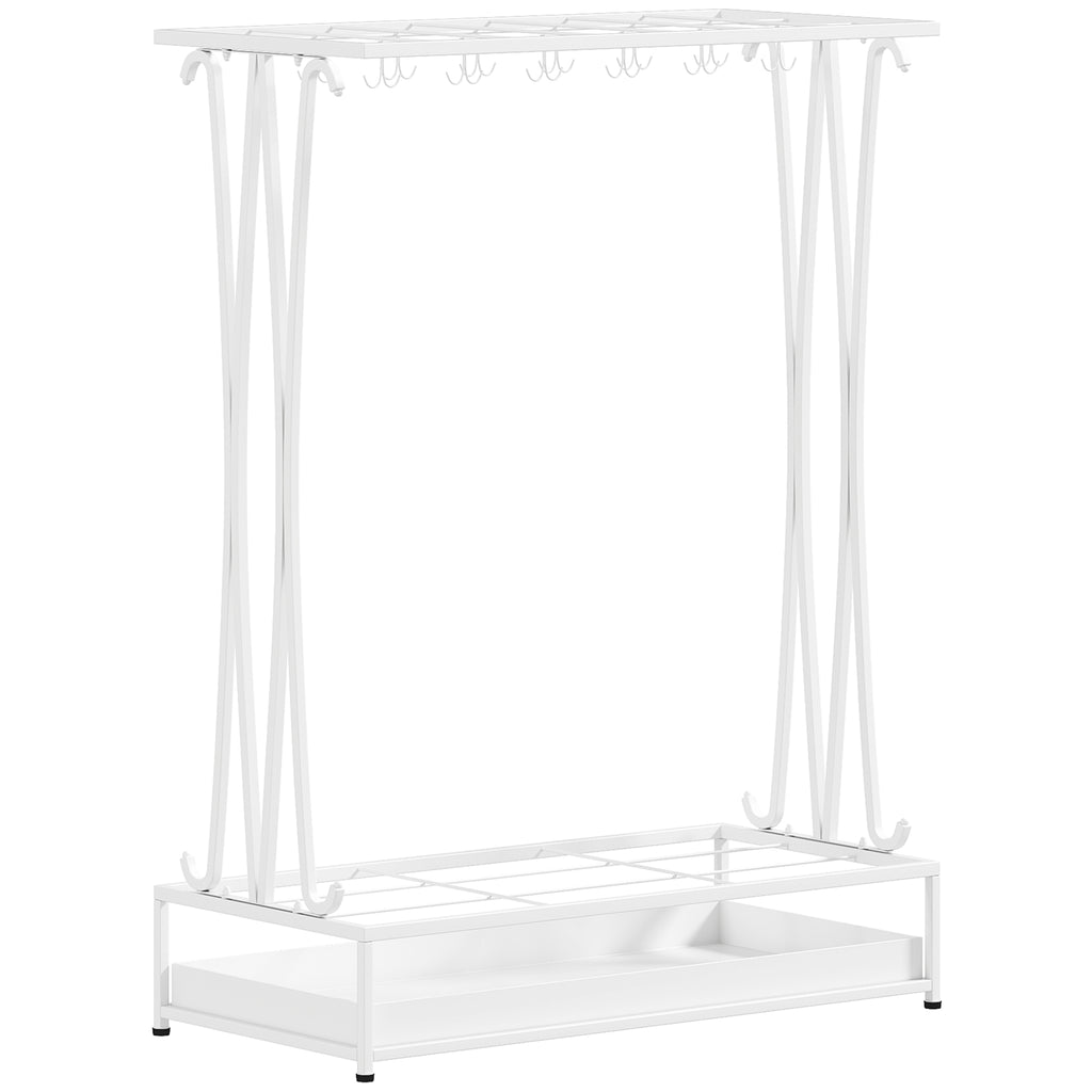 HOMCOM Umbrella Stand with Water Tray, 21 Holes and 24 Umbrella Hooks, Steel, 50x24x68 cm, White