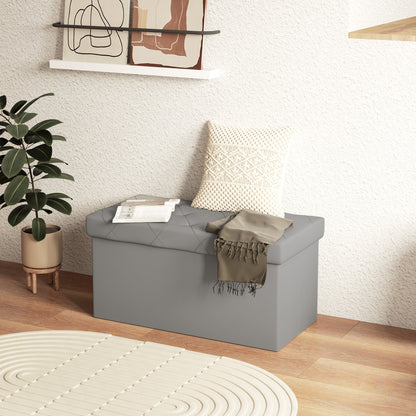 84L Folding Storage Bench, Padded Lid and Faux Leather Upholstery, 76x38x38cm, Grey