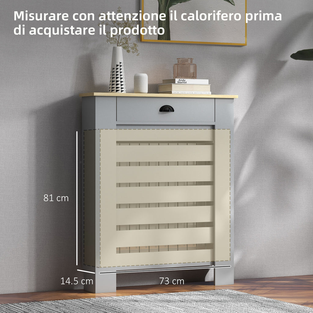 Slatted MDF Radiator Cover, Grid Radiator Cover with Drawer, 78x19x95.5 cm, Grey