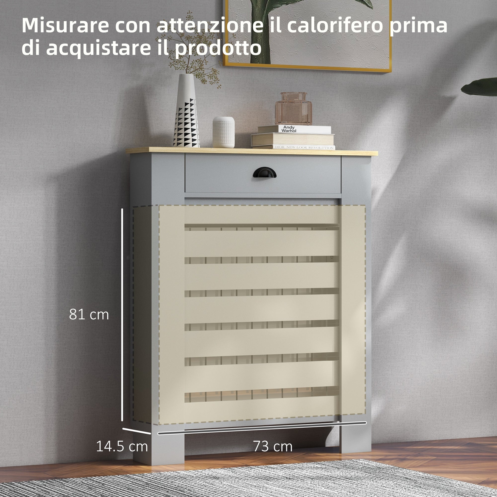 Slatted MDF Radiator Cover, Grid Radiator Cover with Drawer, 78x19x95.5 cm, Grey