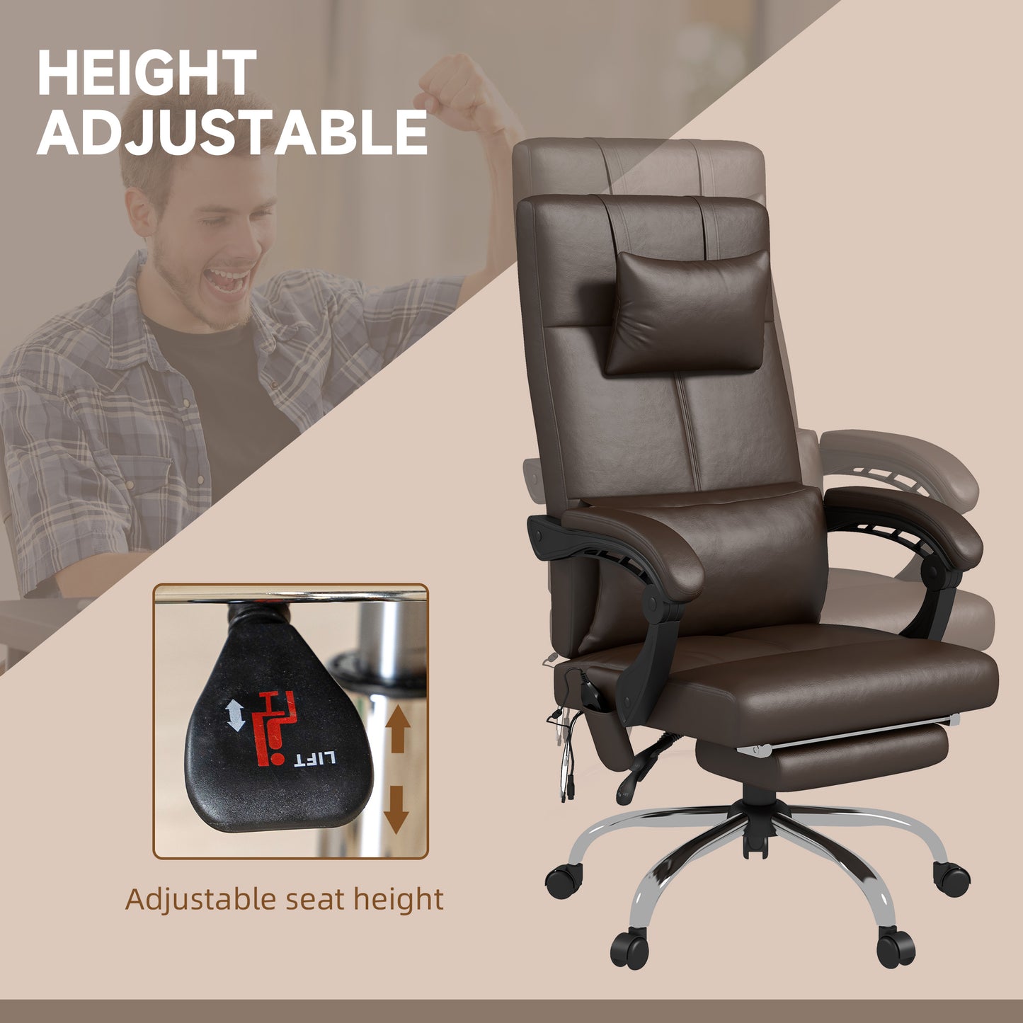 Vivact of office chair massacre with adjustable height with footrests and remote control, 66x67x115-123 cm, brown - Borgè