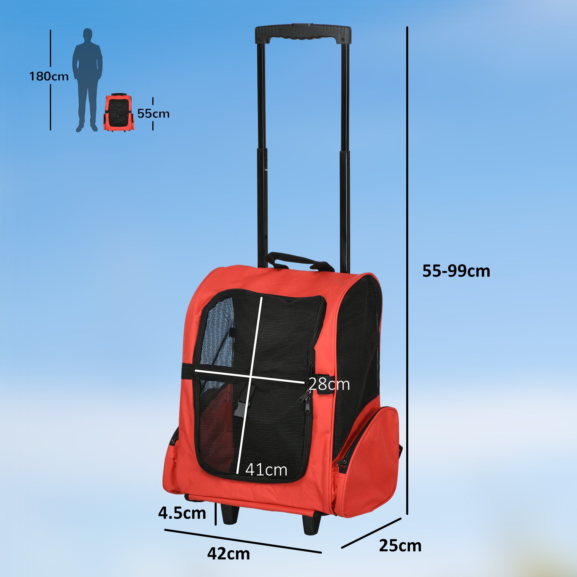 2-in-1 Pet Carrier Backpack for Dogs and Cats with Side Pockets, Telescopic Handle and Wheels, 42x25x55cm, Red