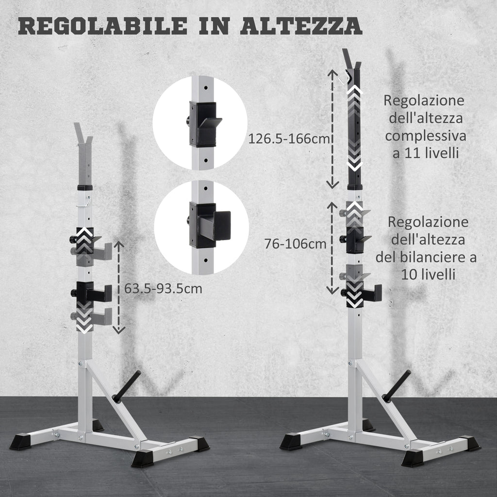 Set of 2 Steel Barbell Stands with 3 Hooks, Adjustable Height and 200kg Capacity, Silver and Black