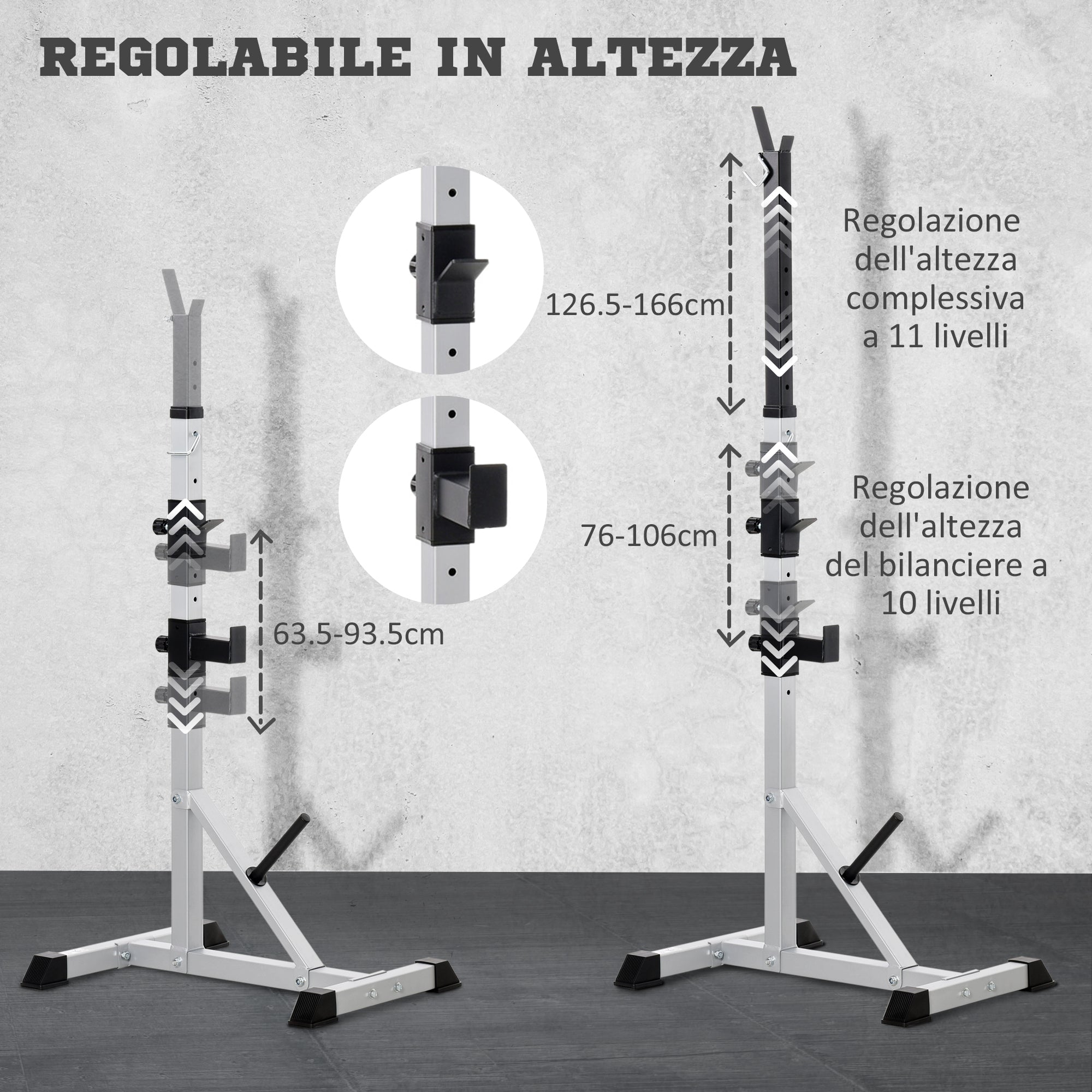 Set of 2 Steel Barbell Stands with 3 Hooks, Adjustable Height and 200kg Capacity, Silver and Black