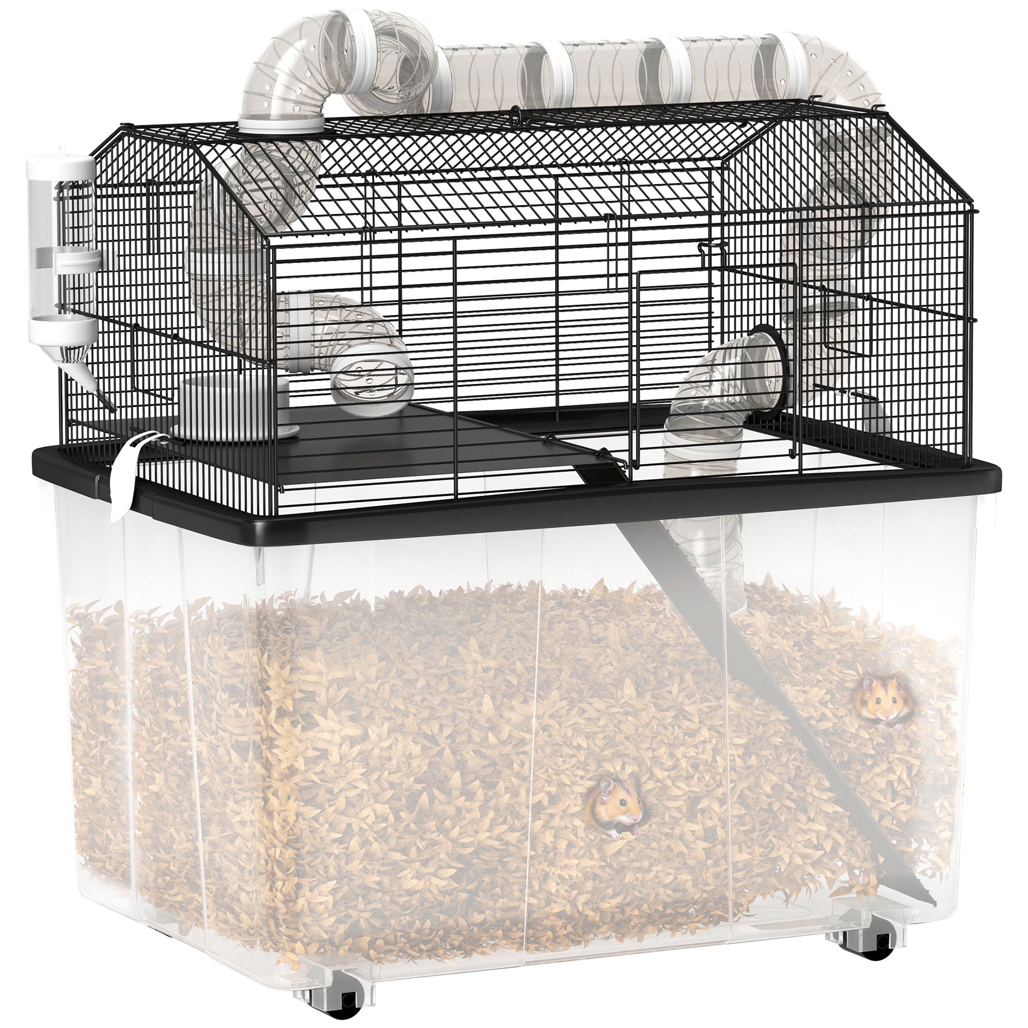 2-Tier Hamster Cage with Wheels, Tubes, Bowl, Bottle and Ramp, 58x43x57 cm, Black