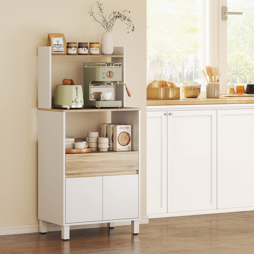 Wooden Microwave Cabinet with Shelf, Open Shelf, Drawer and Cabinet, 60x40x131 cm, White